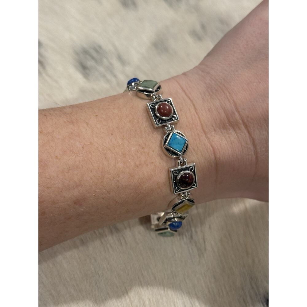Thailand Signed SU Sterling Silver Multi-stone Bracelet Turquoise Lapis Shell